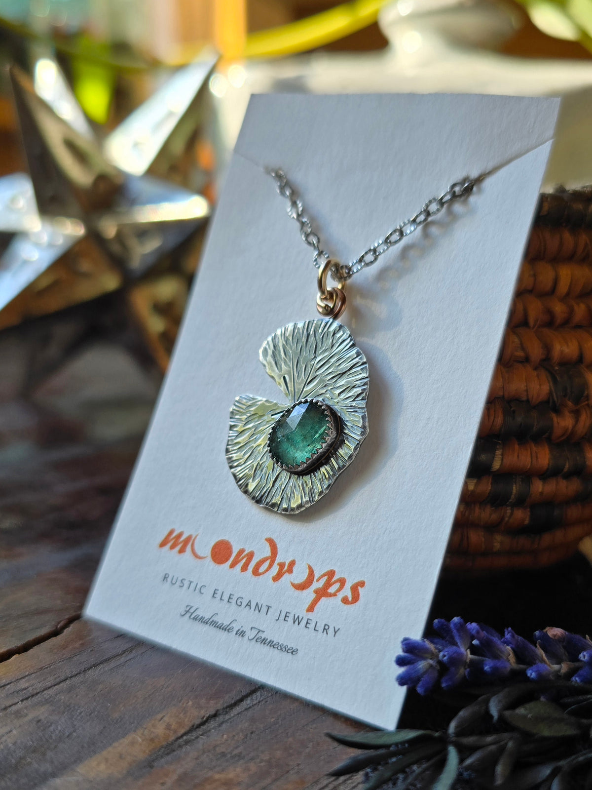 KYANITE LILLY PAD Pendant Necklace | Handcrafted 925 Sterling Silver & 14k Gold Filled Rose Cut Emerald Green Faceted Kyanite Necklace