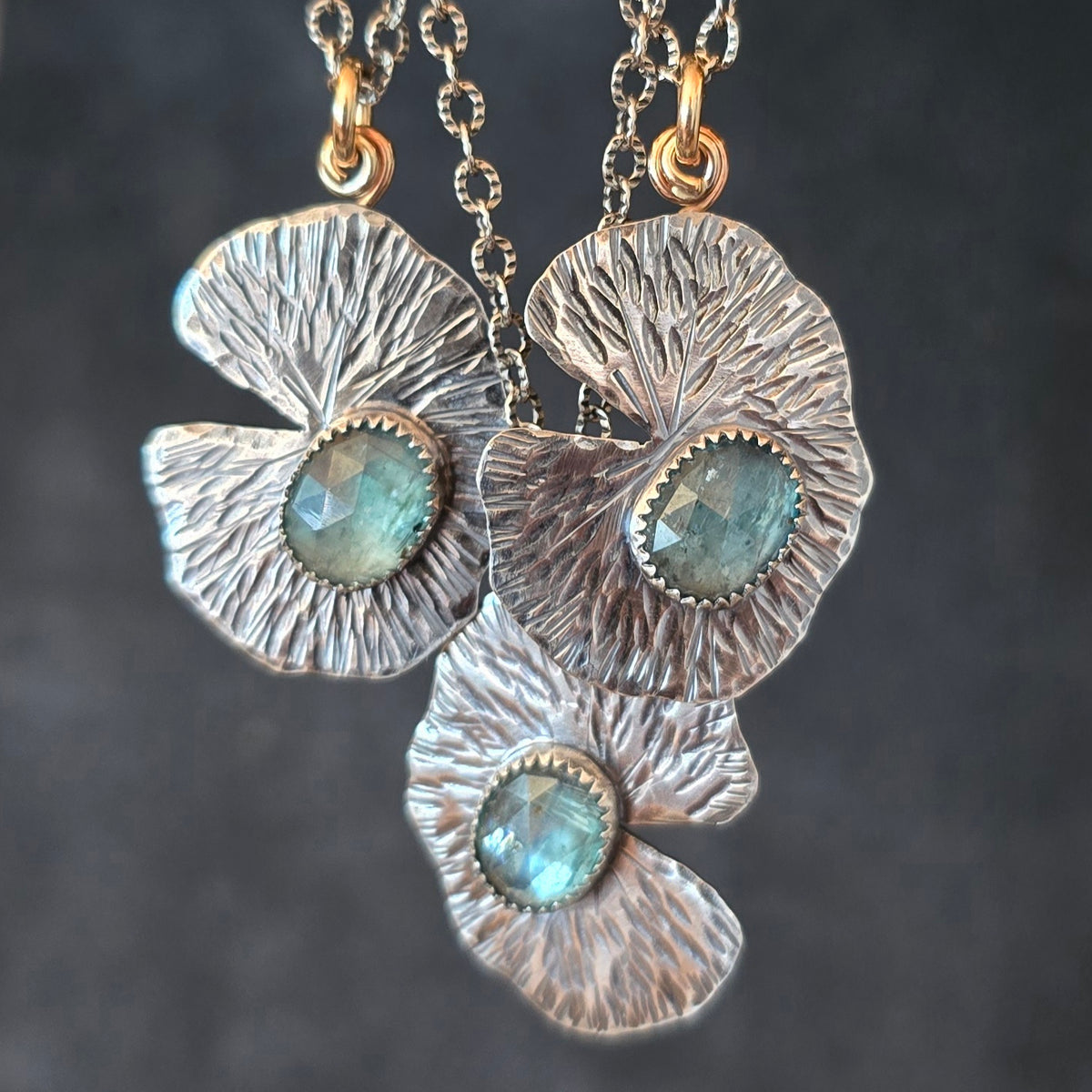 KYANITE LILLY PAD Pendant Necklace | Handcrafted 925 Sterling Silver & 14k Gold Filled Rose Cut Emerald Green Faceted Kyanite Necklace