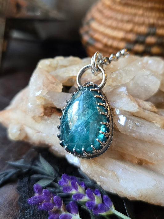 KYANITE Pendant Necklace | Handcrafted 925 Sterling Silver 45 Carats Natural Earth Mined Neon Blue Paraiba Kyanite Pear Gallery Filigree