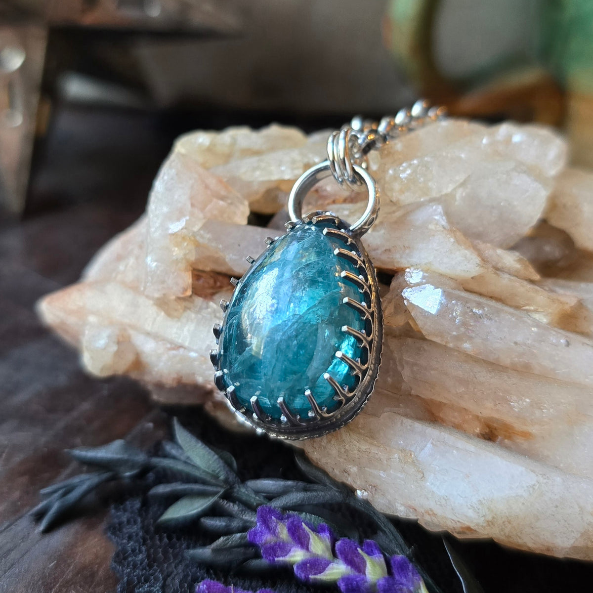 KYANITE Pendant Necklace | Handcrafted 925 Sterling Silver 45 Carats Natural Earth Mined Neon Blue Paraiba Kyanite Pear Gallery Filigree