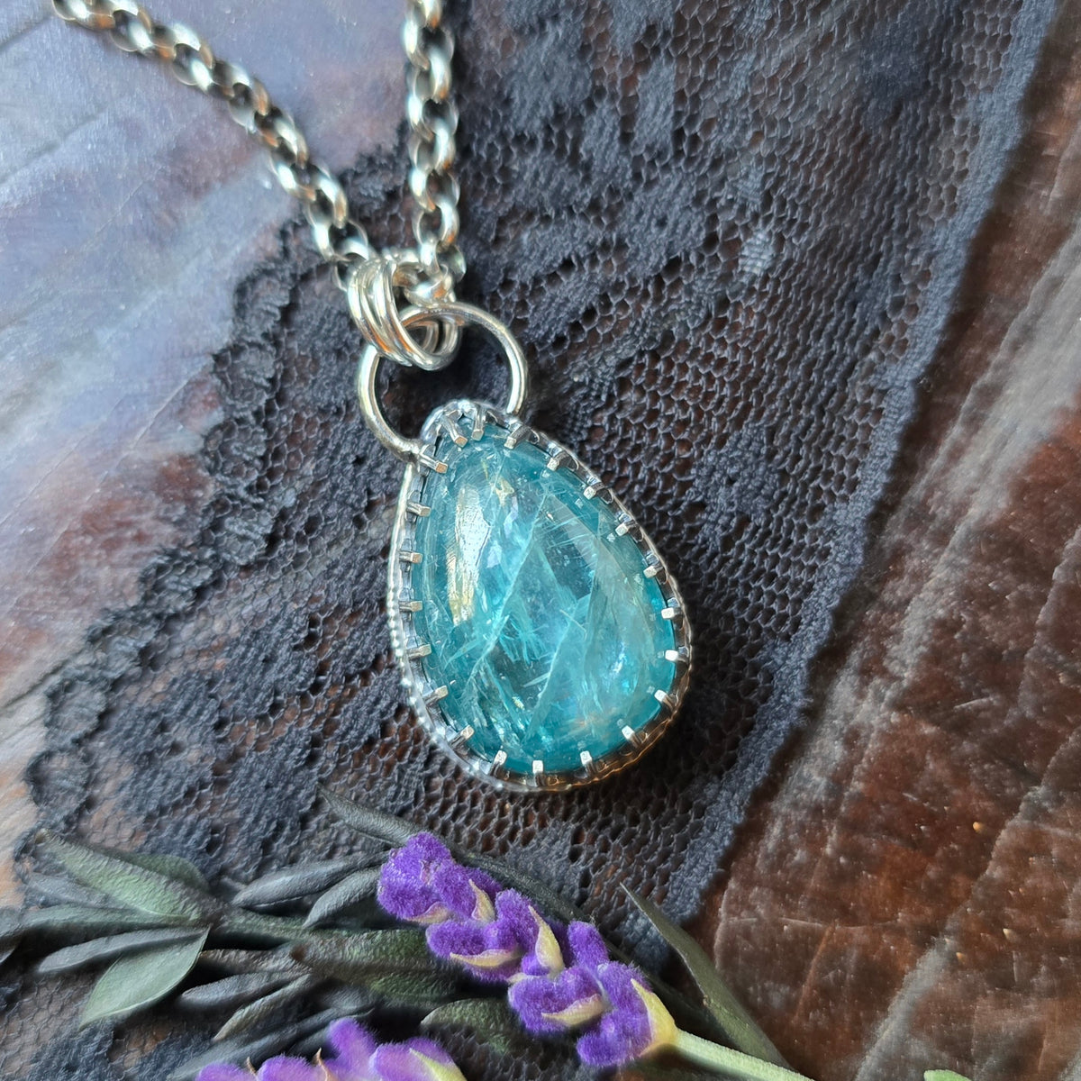 KYANITE Pendant Necklace | Handcrafted 925 Sterling Silver 45 Carats Natural Earth Mined Neon Blue Paraiba Kyanite Pear Gallery Filigree