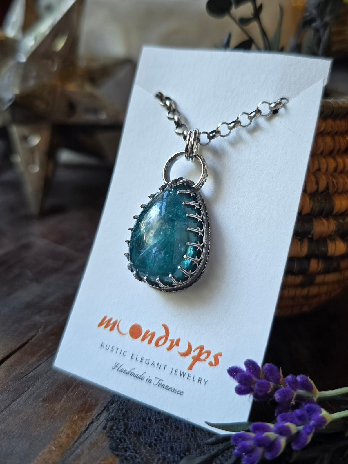 KYANITE Pendant Necklace | Handcrafted 925 Sterling Silver 45 Carats Natural Earth Mined Neon Blue Paraiba Kyanite Pear Gallery Filigree