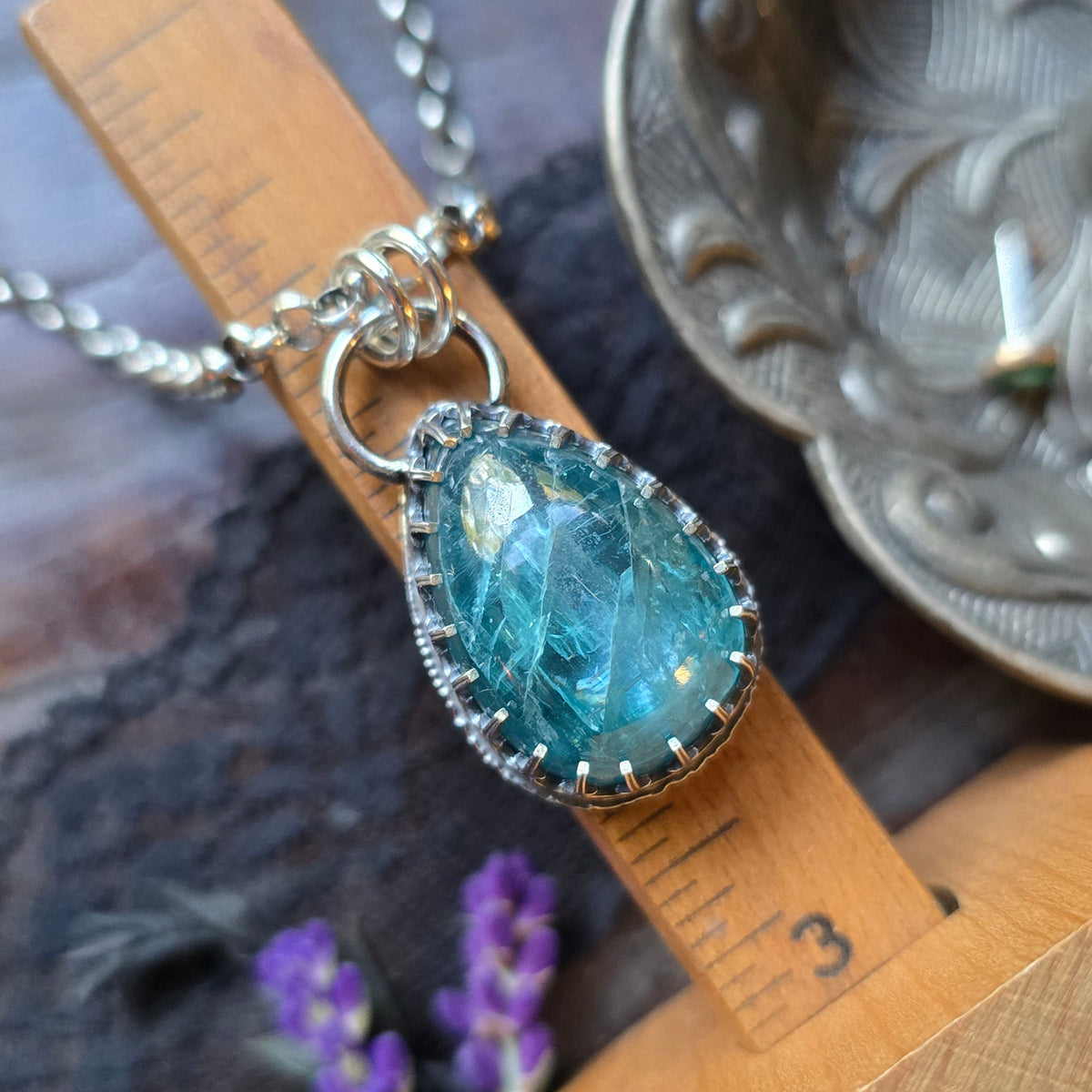 KYANITE Pendant Necklace | Handcrafted 925 Sterling Silver 45 Carats Natural Earth Mined Neon Blue Paraiba Kyanite Pear Gallery Filigree