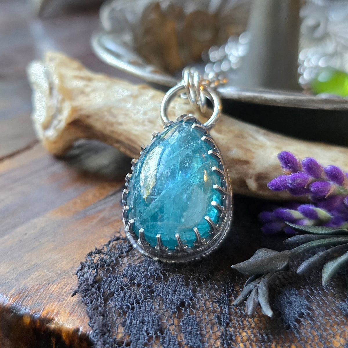 KYANITE Pendant Necklace | Handcrafted 925 Sterling Silver 45 Carats Natural Earth Mined Neon Blue Paraiba Kyanite Pear Gallery Filigree