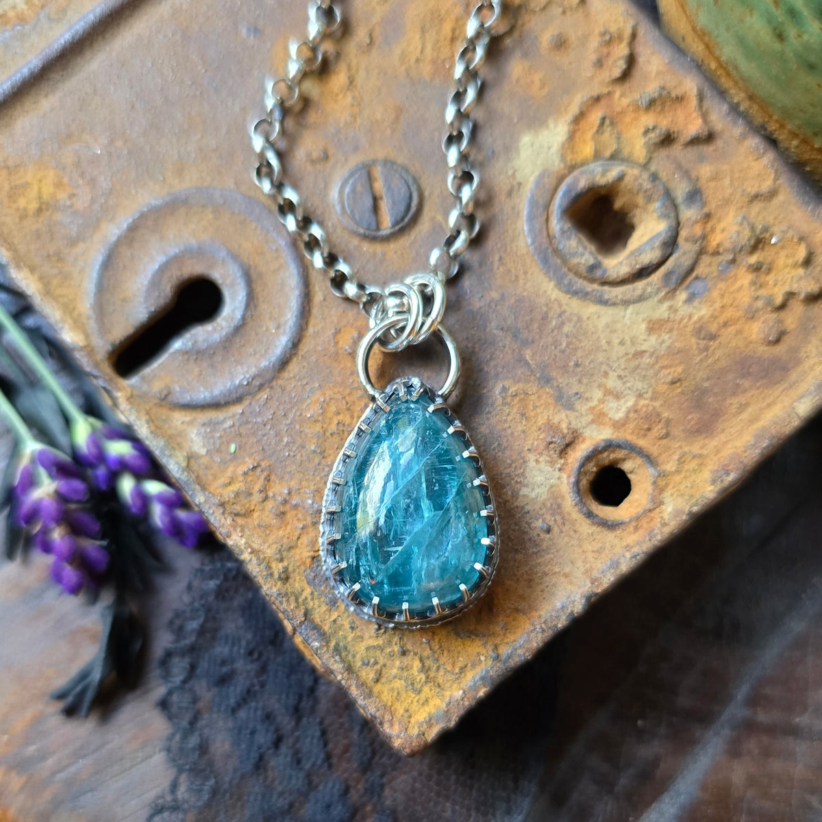 KYANITE Pendant Necklace | Handcrafted 925 Sterling Silver 45 Carats Natural Earth Mined Neon Blue Paraiba Kyanite Pear Gallery Filigree