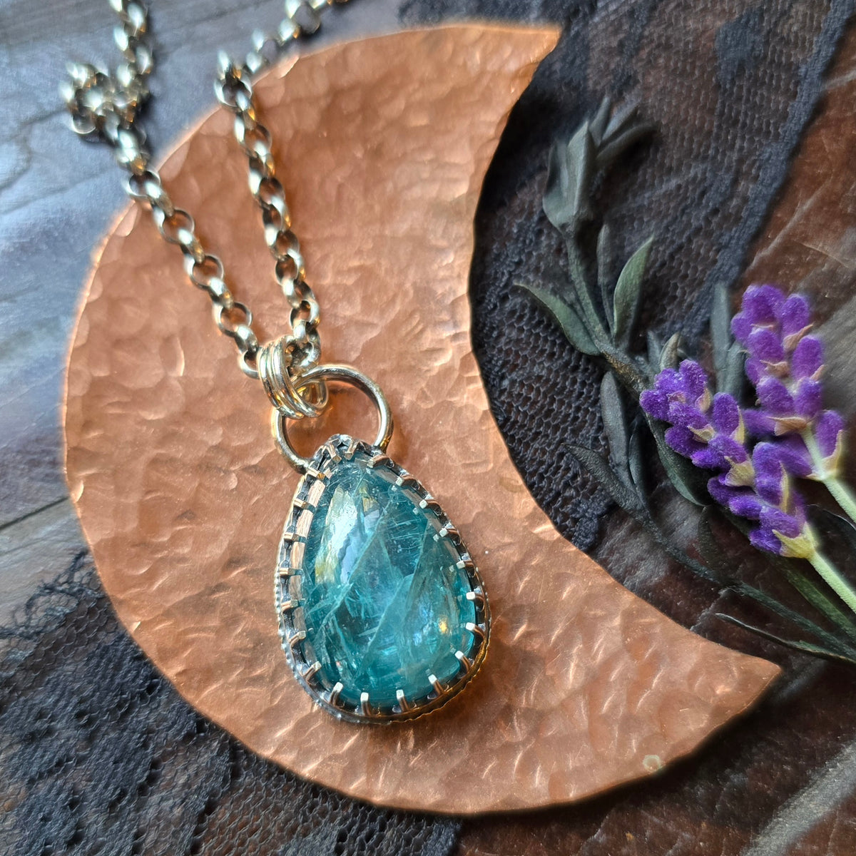 KYANITE Pendant Necklace | Handcrafted 925 Sterling Silver 45 Carats Natural Earth Mined Neon Blue Paraiba Kyanite Pear Gallery Filigree
