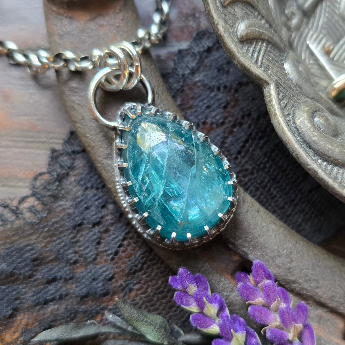 KYANITE Pendant Necklace | Handcrafted 925 Sterling Silver 45 Carats Natural Earth Mined Neon Blue Paraiba Kyanite Pear Gallery Filigree