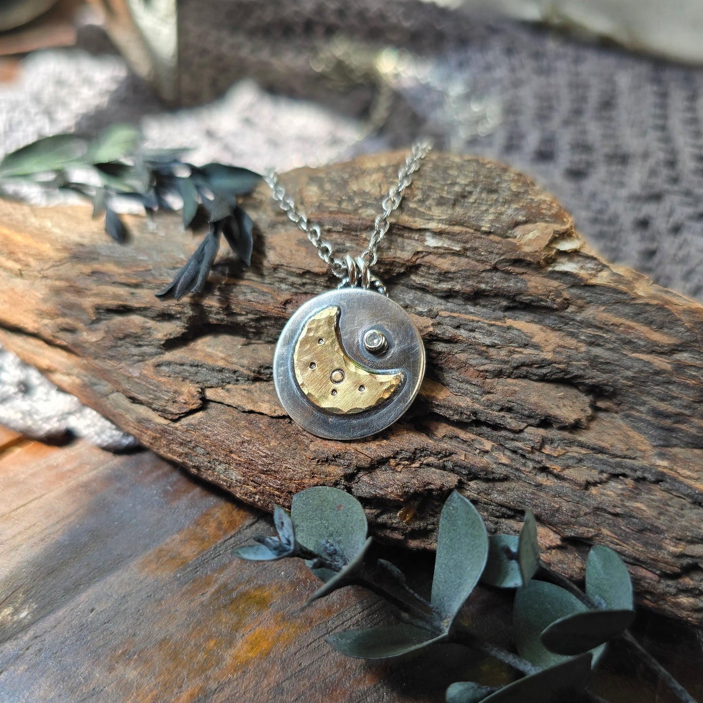 VENUS CRESCENT MOON Diamond Necklace | 925 Sterling Silver & 14k Gold Filled Mixed Metal Diamond Night Sky Waning Crescent Necklace