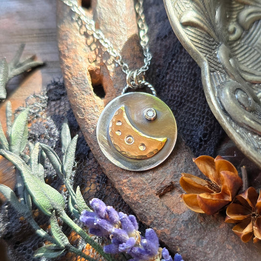 VENUS CRESCENT MOON Diamond Necklace | 925 Sterling Silver & 14k Gold Filled Mixed Metal Diamond Night Sky Waning Crescent Necklace