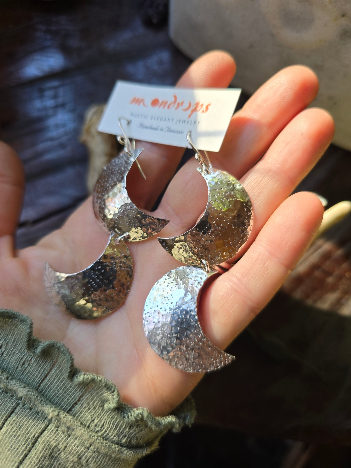 CRESCENT MOON Dangle Earrings  | 925 Sterling Silver Double Crescent Textured Hammered Moon Dangle Earrings