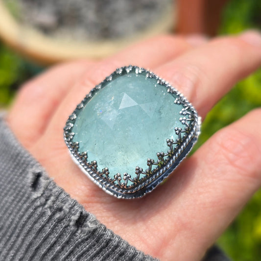 AQUAMARINE Ring | 62 Cts Handcrafted 925 Sterling Silver Large Rose Cushion Cut Faceted Blue Beryl Square High Profile Cocktail Statement
