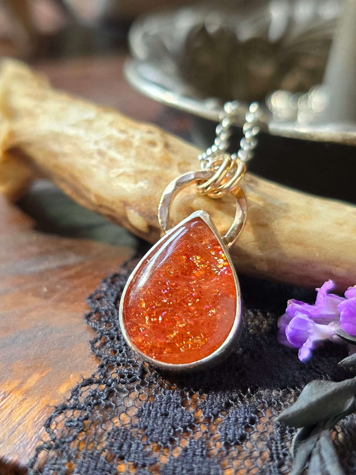 SUNSTONE DROP Necklace | Handcrafted Mixed Metal 925 Sterling Silver & 14k Gold Filled Sparkling Sunstone Teardrop Pear Pendant Necklace