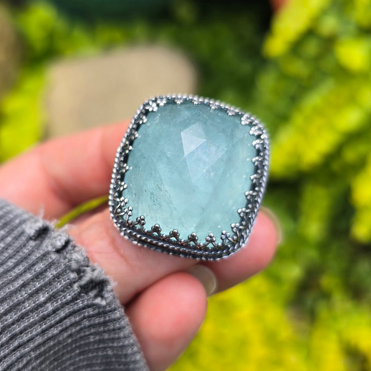 AQUAMARINE Ring | 62 Cts Handcrafted 925 Sterling Silver Large Rose Cushion Cut Faceted Blue Beryl Square High Profile Cocktail Statement