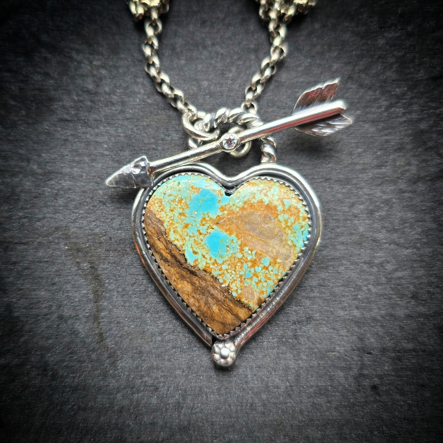 TURQUOISE HEART Necklace | 925 Sterling Silver Number 8 Nevada Turquoise Pendant Diamond Arrow Toggle