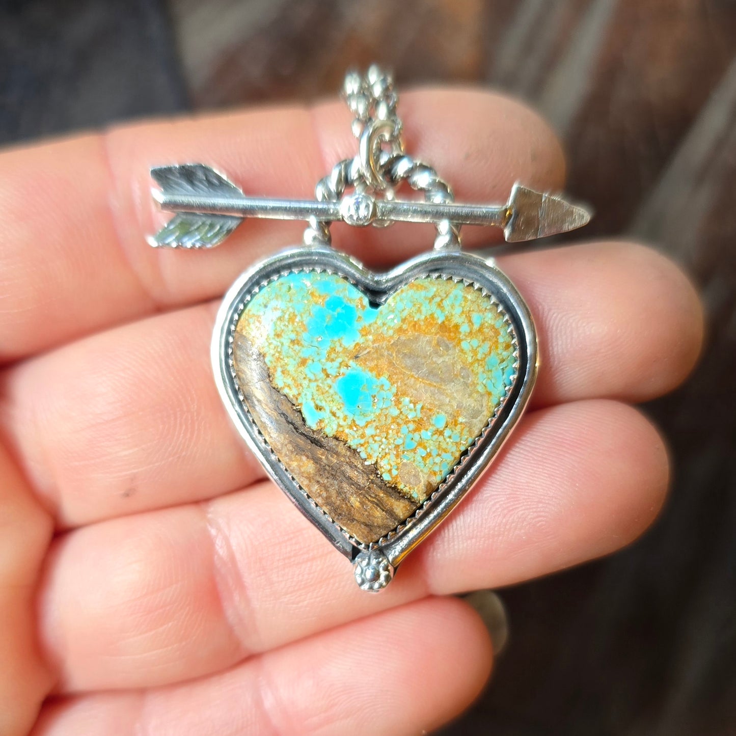 TURQUOISE HEART Necklace | 925 Sterling Silver Number 8 Nevada Turquoise Pendant Diamond Arrow Toggle