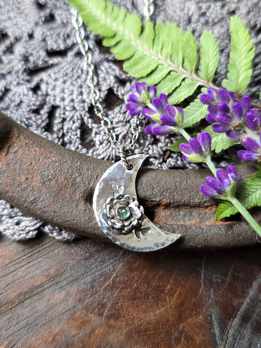 EMERALD Floral Crescent Necklace | 925 Sterling Silver Handcrafted Crescent Moon Flower Pendant Necklace