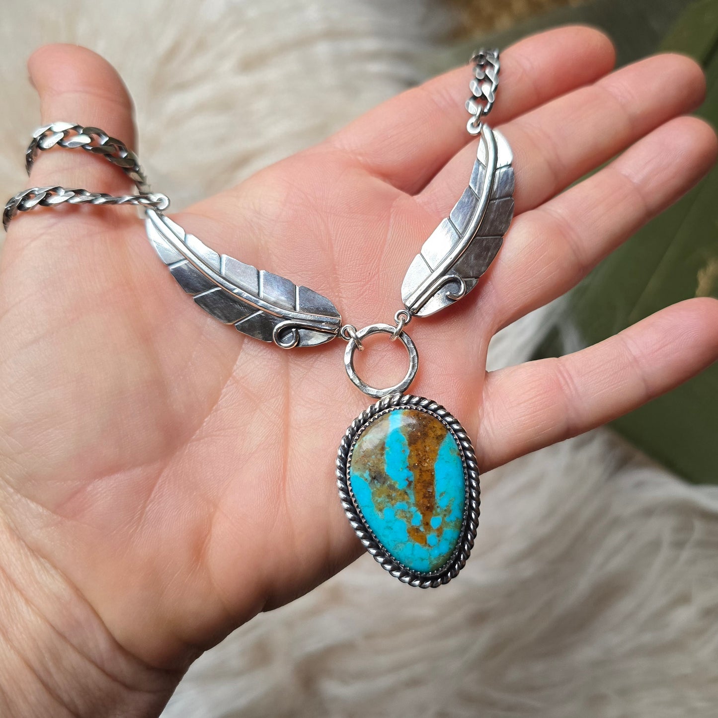 TURQUOISE Curb Chain Plume Necklace | Handcrafted 925 Sterling Silver Genuine Untreated Redweb Kingman Turquoise Feather Pendant