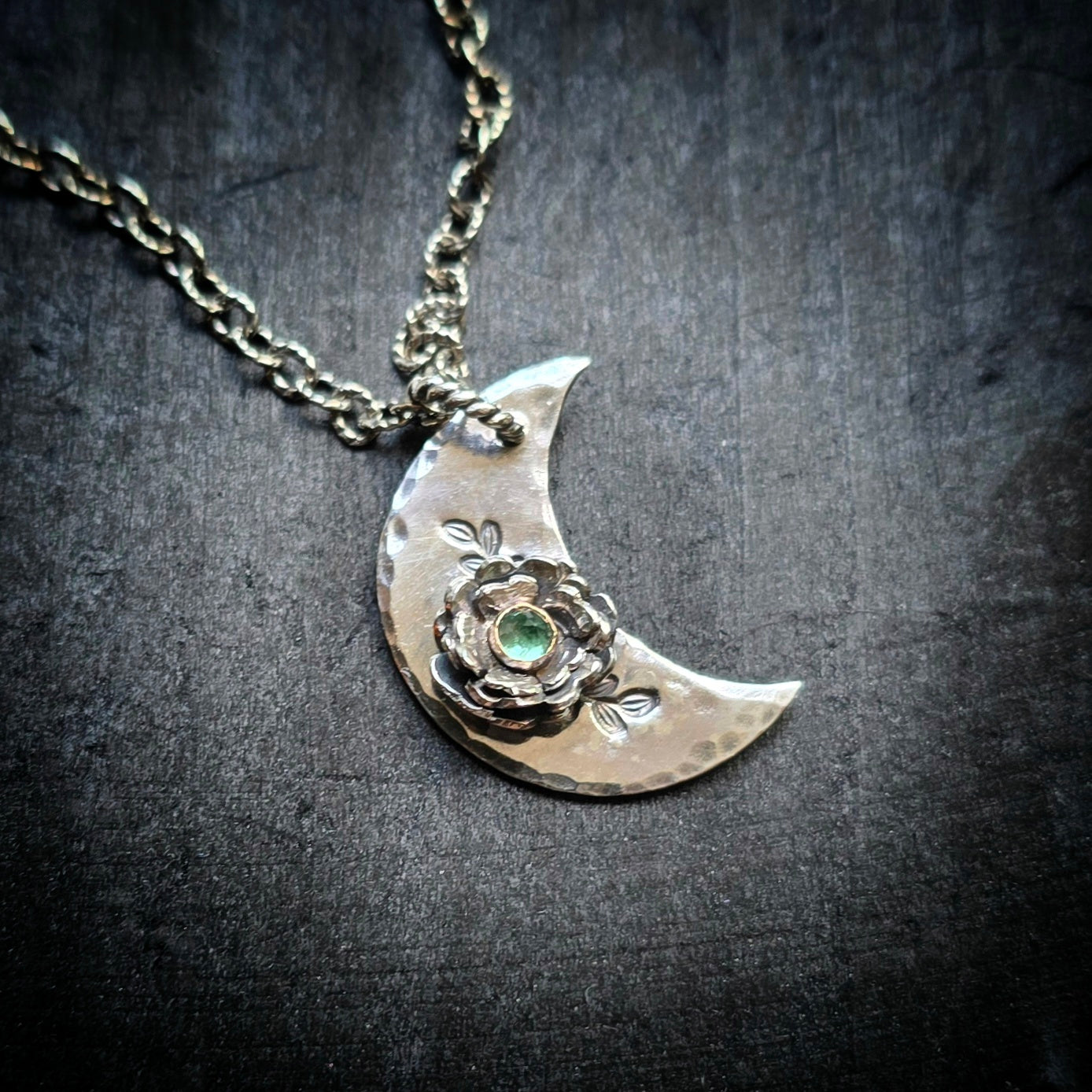 EMERALD Floral Crescent Necklace | 925 Sterling Silver Handcrafted Crescent Moon Flower Pendant Necklace