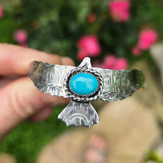 TURQUOISE HAWK Bracelet | Handcrafted 925 Sterling Silver Kingman Arizona Turquoise Native American Bird Tribal Cuff Bracelet