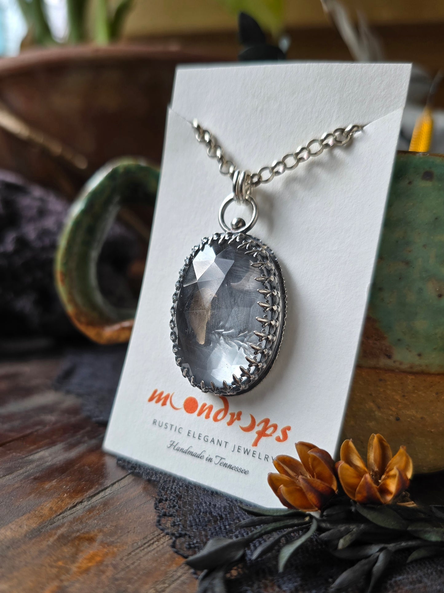 QUARTZ RAVEN CRESCENT Pendant Necklace | 925 Sterling Silver Rose Cut Faceted Natural Clear Crystal Quartz Large Fleur-De-Lis Gallery Bezel