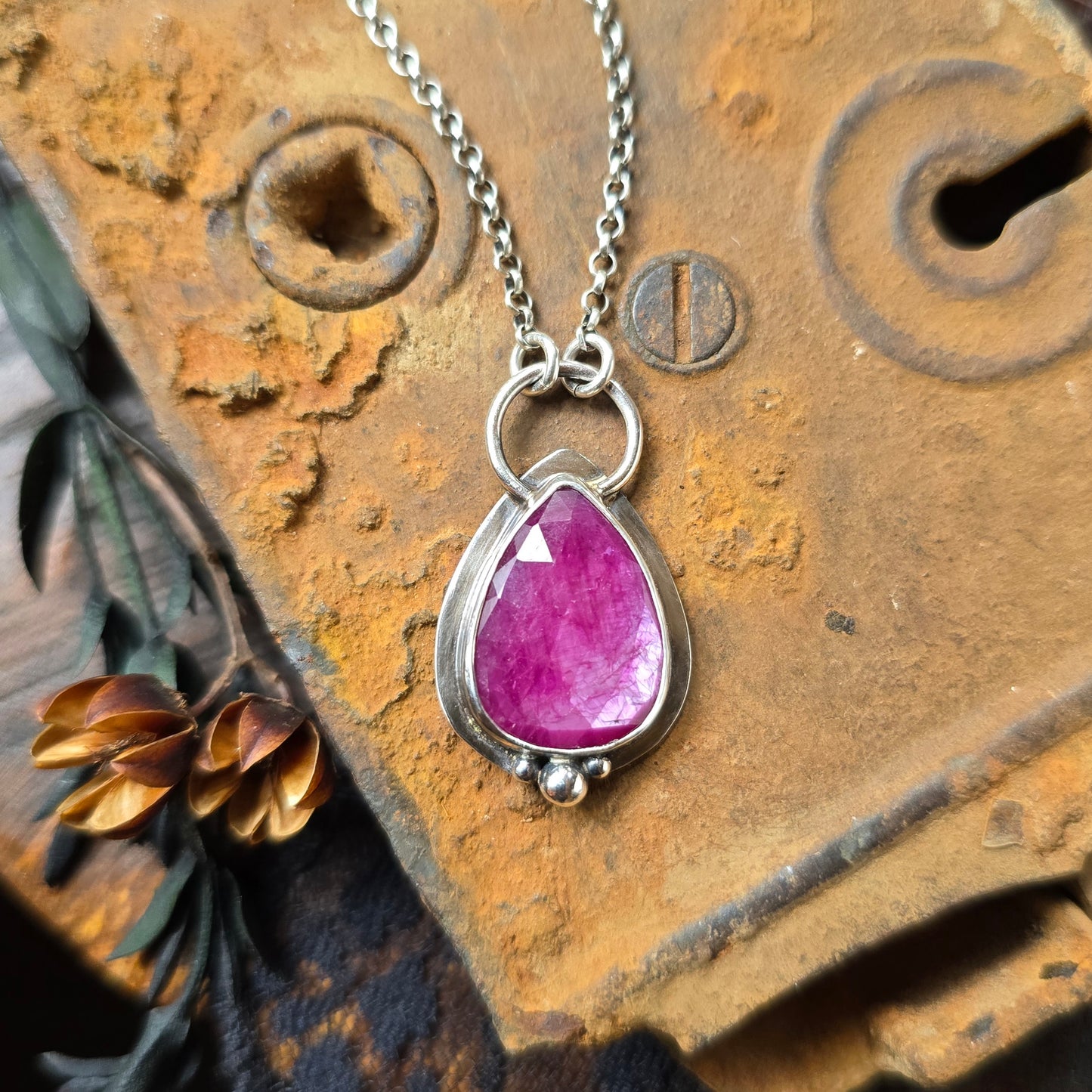 RUBY Necklace | Silky Sheen Rose Cut Faceted Natural Untreated Genuine 925 Sterling Silver Ruby Pendant Necklace