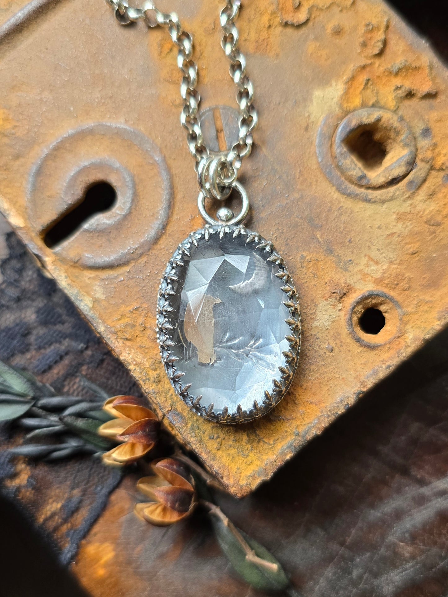 QUARTZ RAVEN CRESCENT Pendant Necklace | 925 Sterling Silver Rose Cut Faceted Natural Clear Crystal Quartz Large Fleur-De-Lis Gallery Bezel