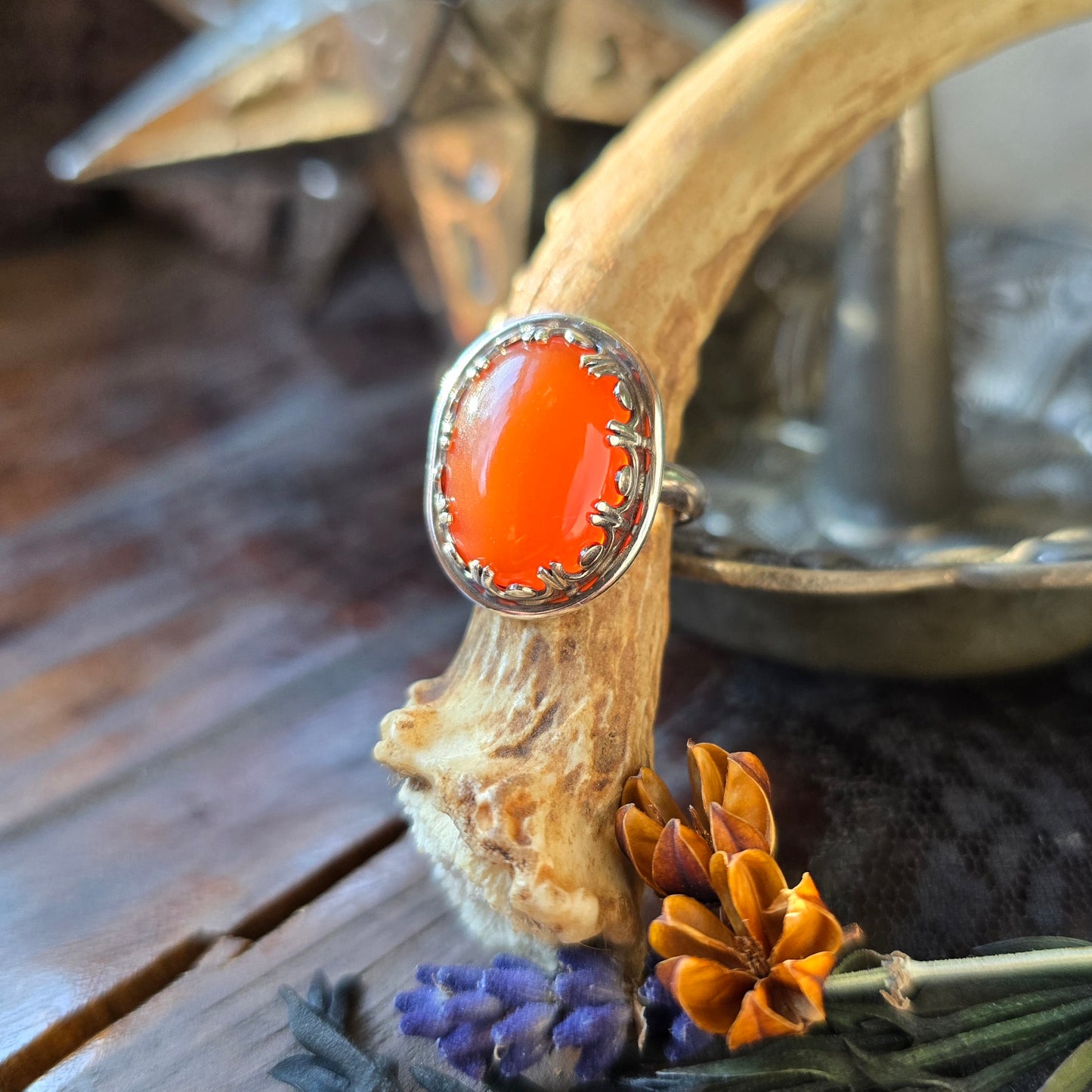 CARNELIAN Ring | Precious 925 Sterling Silver Natural Orange 11 Carat Carnelian Ring Scalloped Swag Fancy Bezel