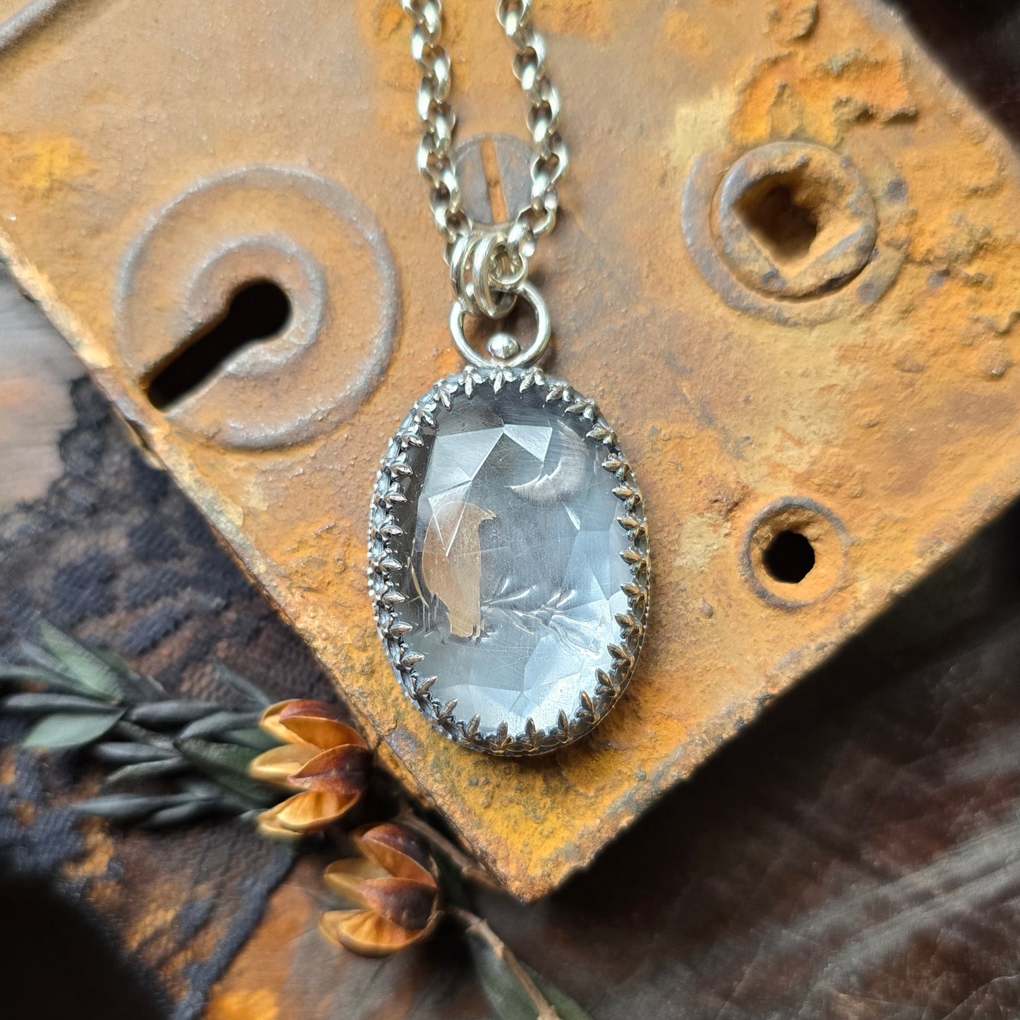 QUARTZ RAVEN CRESCENT Pendant Necklace | 925 Sterling Silver Rose Cut Faceted Natural Clear Crystal Quartz Large Fleur-De-Lis Gallery Bezel