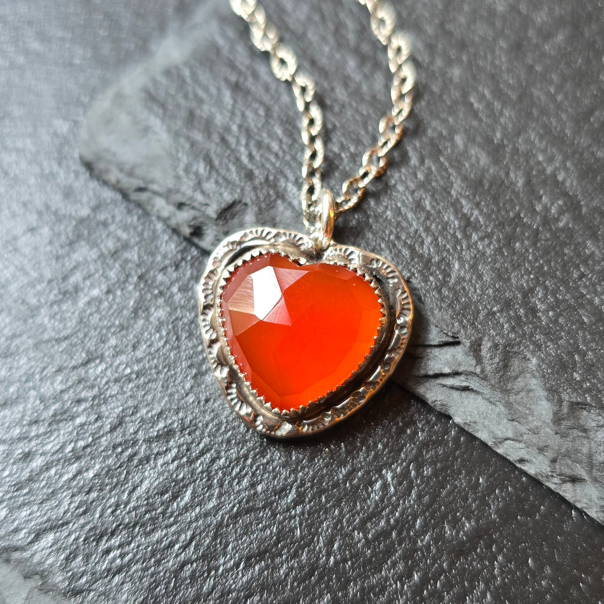 CARNELIAN HEART Necklace | Handcrafted 925 Sterling Silver Faceted Rose Cut Natural Carnelian Heart Pendant
