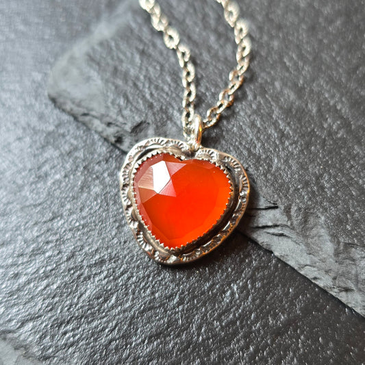CARNELIAN HEART Necklace | Handcrafted 925 Sterling Silver Faceted Rose Cut Natural Carnelian Heart Pendant