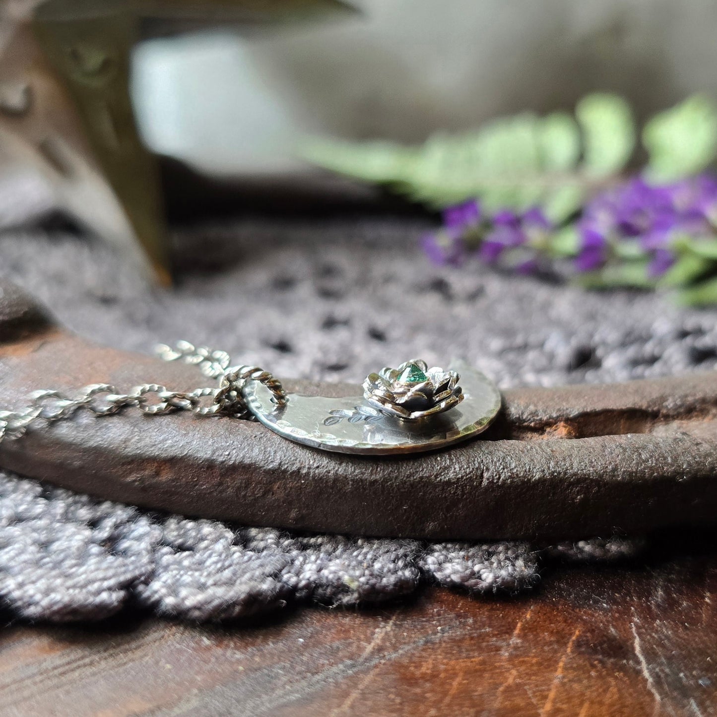 EMERALD Floral Crescent Necklace | 925 Sterling Silver Handcrafted Crescent Moon Flower Pendant Necklace