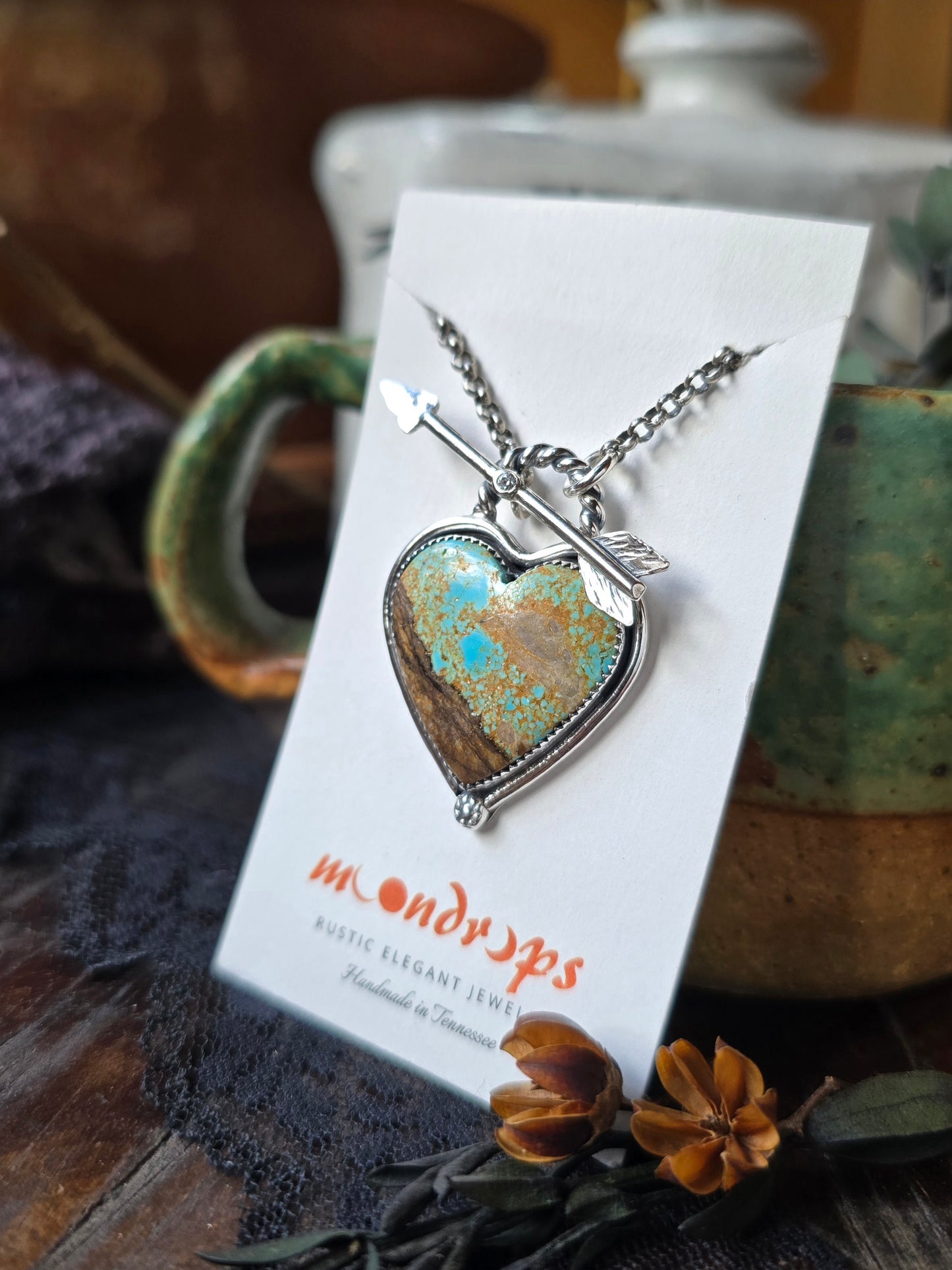 TURQUOISE HEART Necklace | 925 Sterling Silver Number 8 Nevada Turquoise Pendant Diamond Arrow Toggle