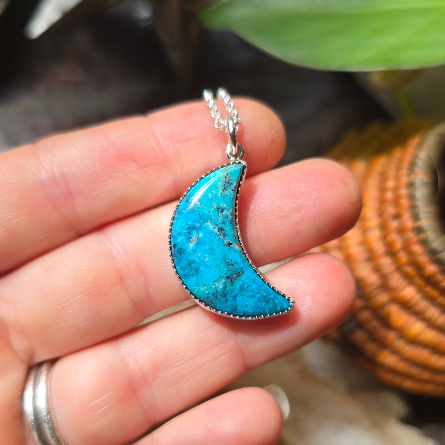 TURQUOISE CRESCENT MOON Necklace | Handcrafted 925 Sterling Silver Natural Untreated Kingman Arizona American Earth Mined Turquoise Pendant