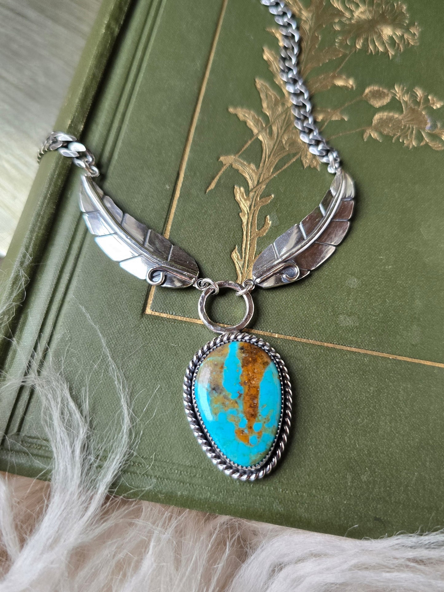 TURQUOISE Curb Chain Plume Necklace | Handcrafted 925 Sterling Silver Genuine Untreated Redweb Kingman Turquoise Feather Pendant