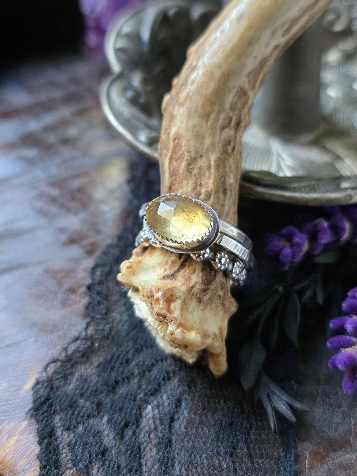 CITRINE Ring Stack | 925 Sterling Silver Rose Cut Faceted Genuine Earth Mined Natural Citrine Chunky Daisy Band Stacking Rings Set of Three