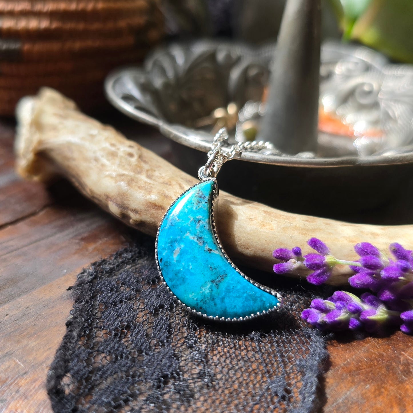 TURQUOISE CRESCENT MOON Necklace | Handcrafted 925 Sterling Silver Natural Untreated Kingman Arizona American Earth Mined Turquoise Pendant
