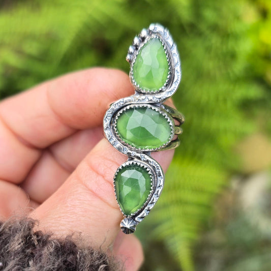 SERPENTINE Ring | Handcrafted 925 Sterling Silver Rose Cut Faceted Natural Green Serpentine Tribal Sun Snake Vertical Serpent Finger Ring