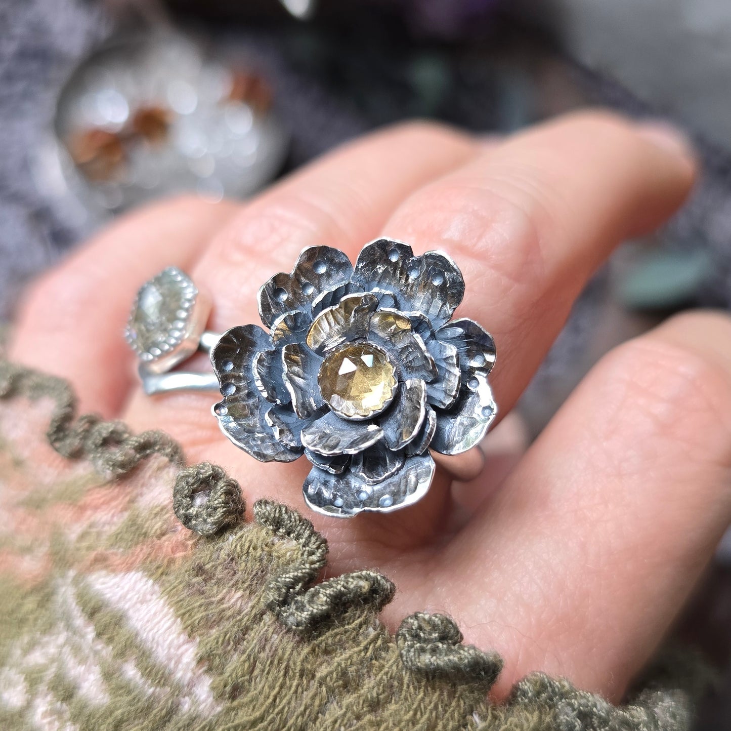 CITRINE FLOWER Ring | 925 Sterling Silver Rose Cut Citrine Large Flower Antique Oxidized Statement Ring