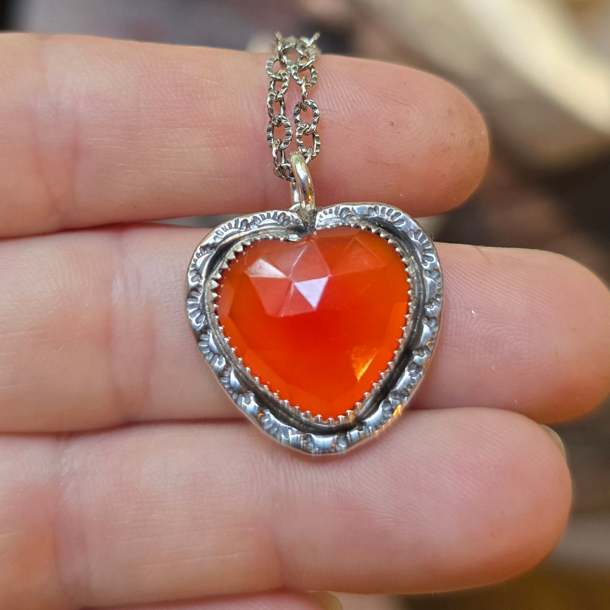 CARNELIAN HEART Necklace | Handcrafted 925 Sterling Silver Faceted Rose Cut Natural Carnelian Heart Pendant