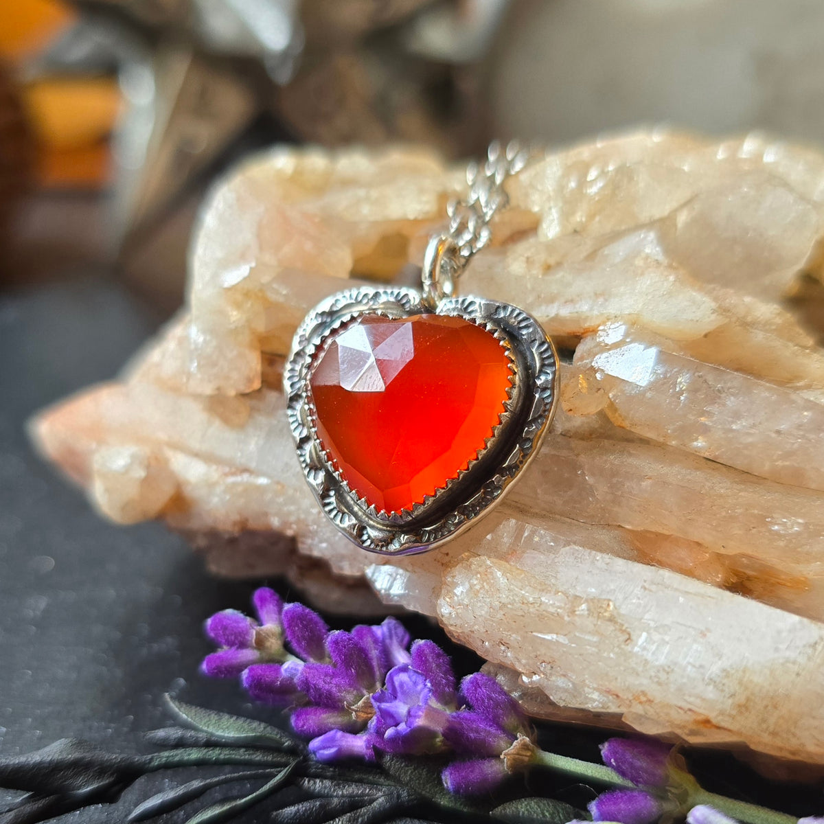 CARNELIAN HEART Necklace | Handcrafted 925 Sterling Silver Faceted Rose Cut Natural Carnelian Heart Pendant