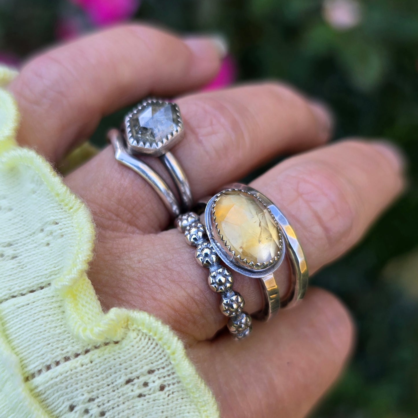 CITRINE Ring Stack | 925 Sterling Silver Rose Cut Faceted Genuine Earth Mined Natural Citrine Chunky Daisy Band Stacking Rings Set of Three