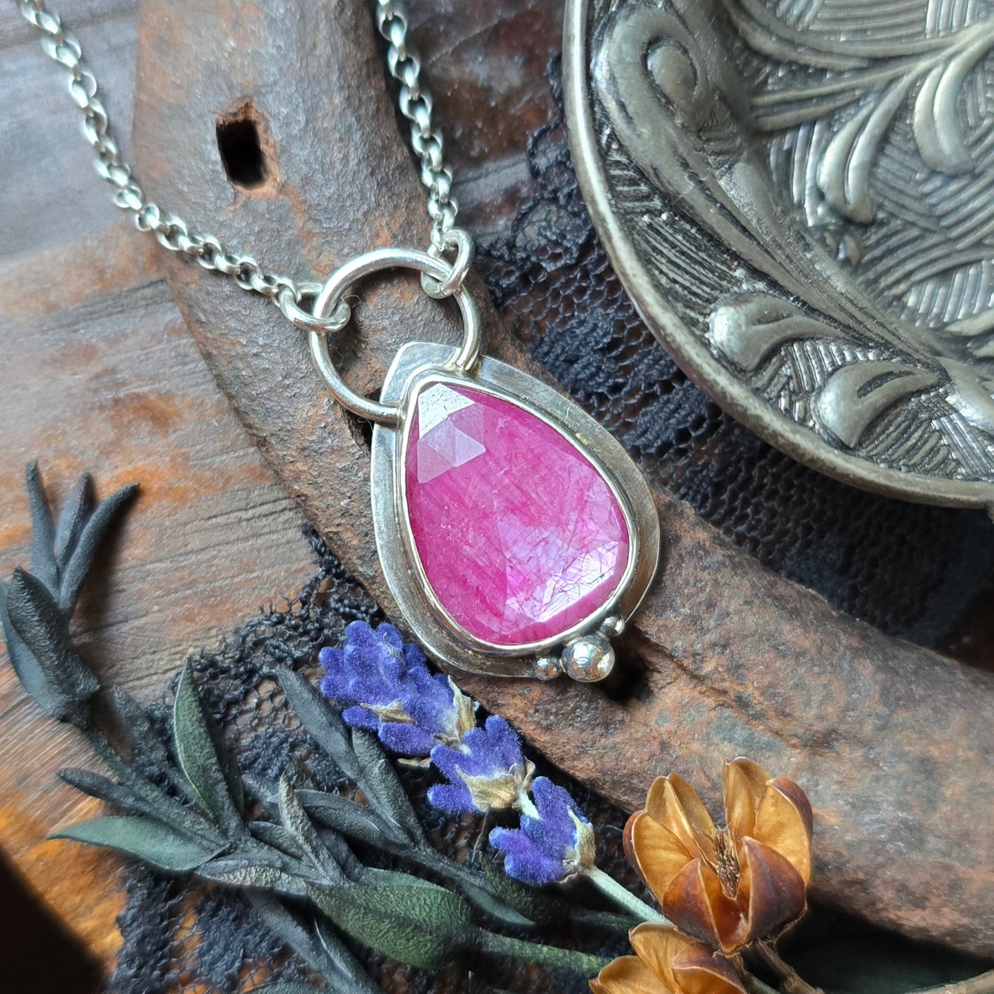 RUBY Necklace | Silky Sheen Rose Cut Faceted Natural Untreated Genuine 925 Sterling Silver Ruby Pendant Necklace
