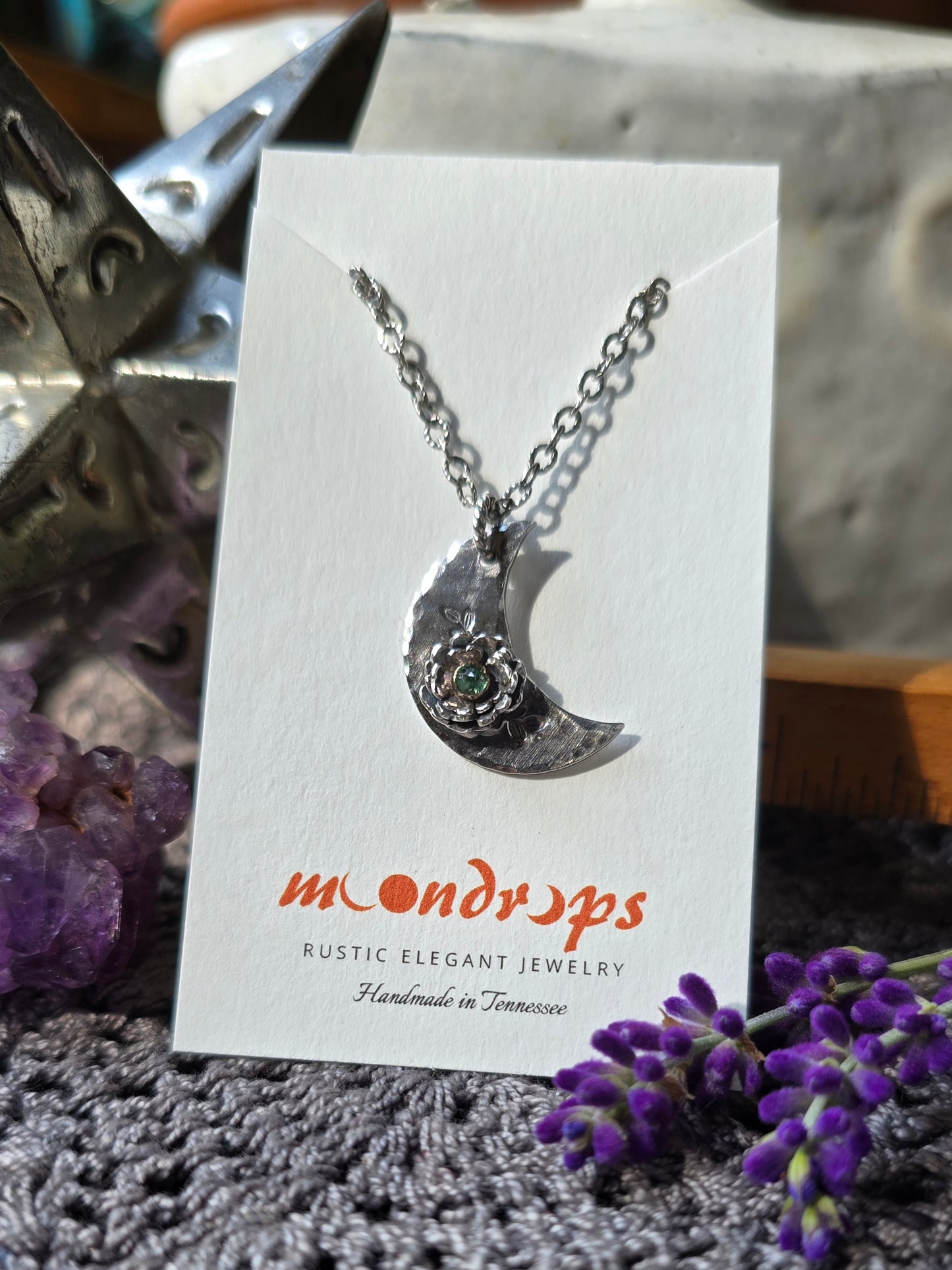 EMERALD Floral Crescent Necklace | 925 Sterling Silver Handcrafted Crescent Moon Flower Pendant Necklace