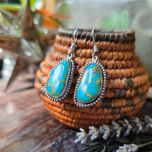 TURQUOISE Earrings | Handcrafted Natural Genuine 925 Sterling Silver Arizona Teal Turquoise Feather Southwest Dangle Earrings