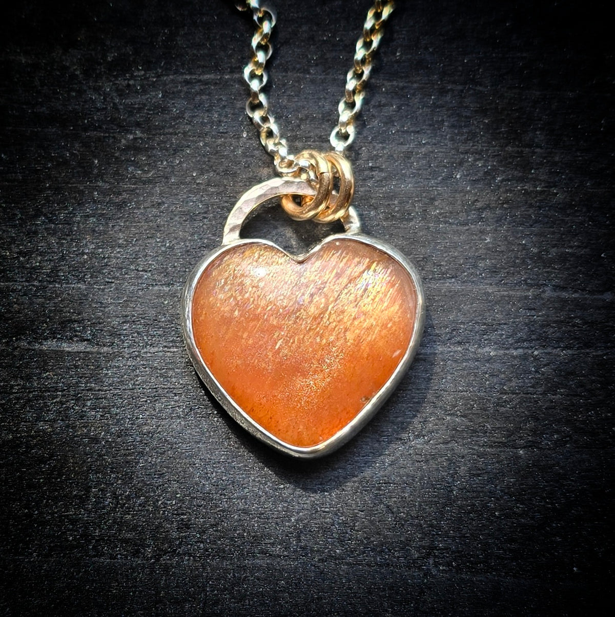 SUNSTONE HEART Necklace | Handcrafted Mixed Metal 925 Sterling Silver & 14k Gold Filled Rainbow Lattice Sparkling Sunstone Heart Pendant