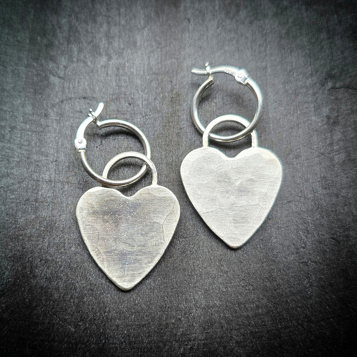 HEART Dangle Hoops | Hammered Heart 925 Sterling Silver Latch Back Hoop Earrings