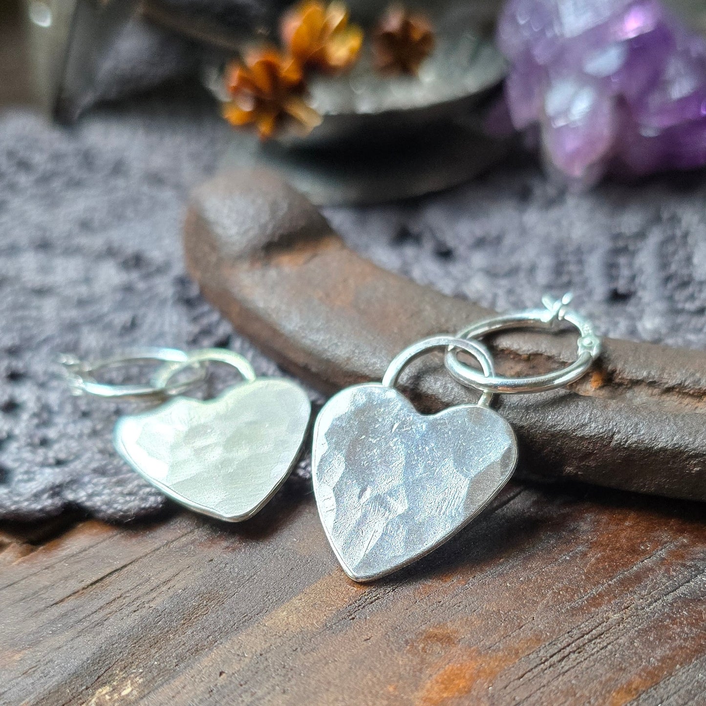 HEART Dangle Hoops | Hammered Heart 925 Sterling Silver Latch Back Hoop Earrings