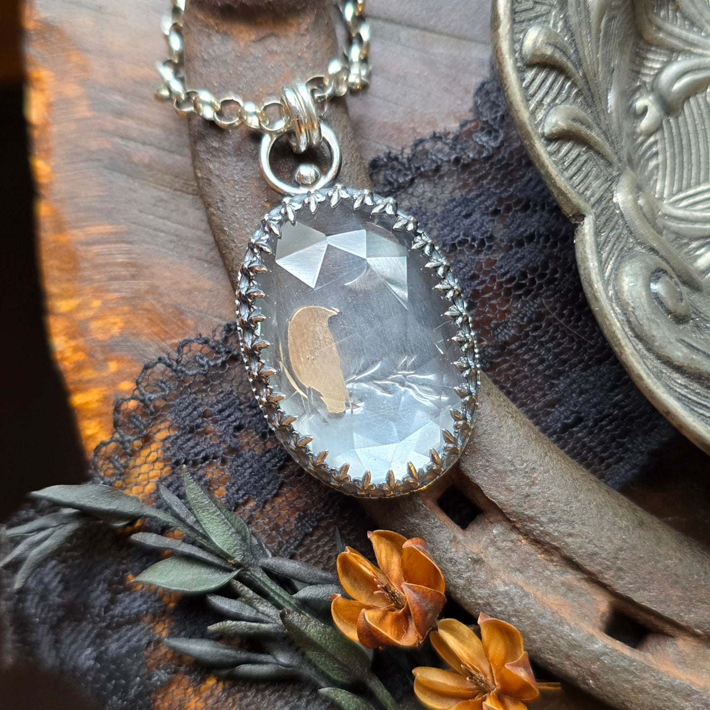 QUARTZ RAVEN CRESCENT Pendant Necklace | 925 Sterling Silver Rose Cut Faceted Natural Clear Crystal Quartz Large Fleur-De-Lis Gallery Bezel