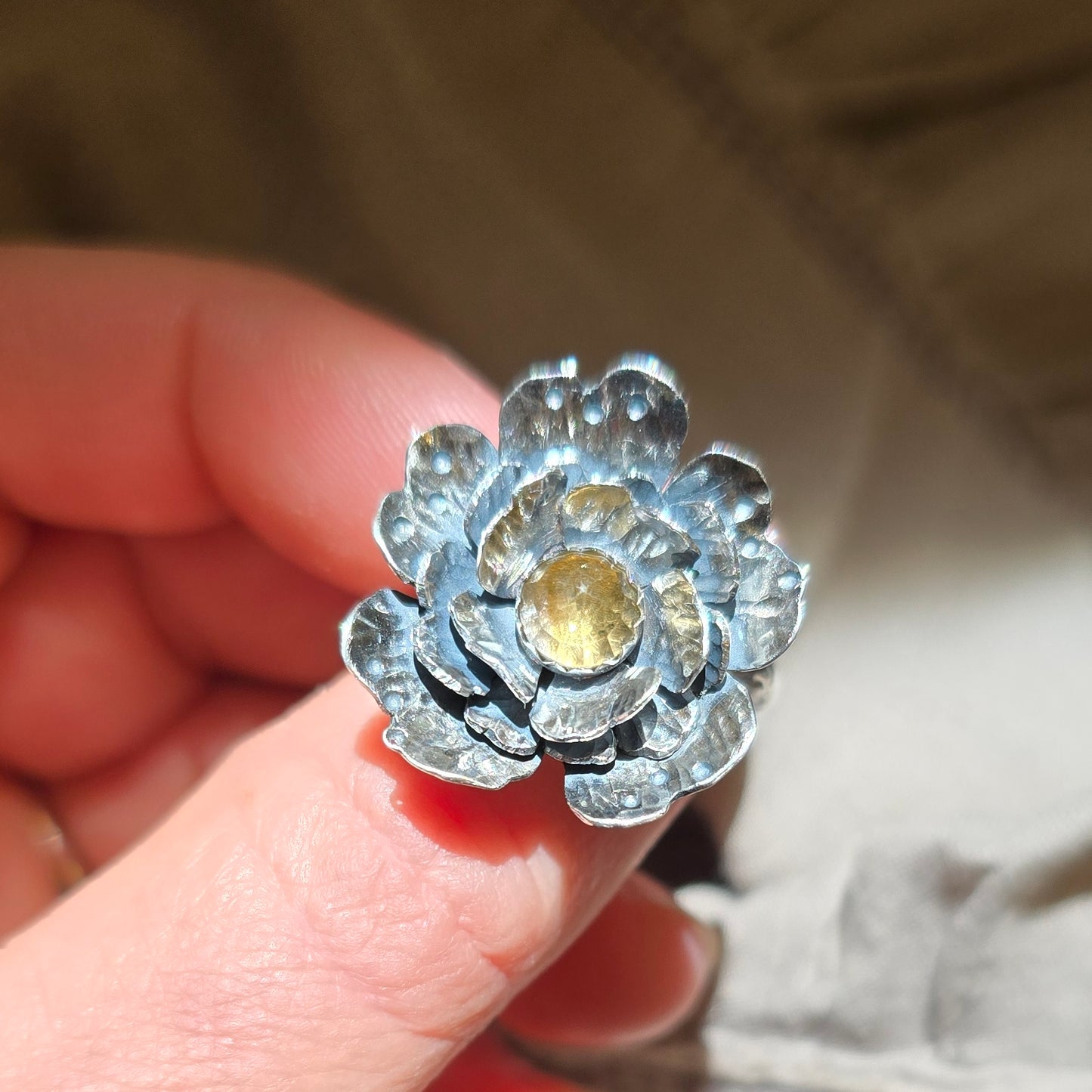CITRINE FLOWER Ring | 925 Sterling Silver Rose Cut Citrine Large Flower Antique Oxidized Statement Ring