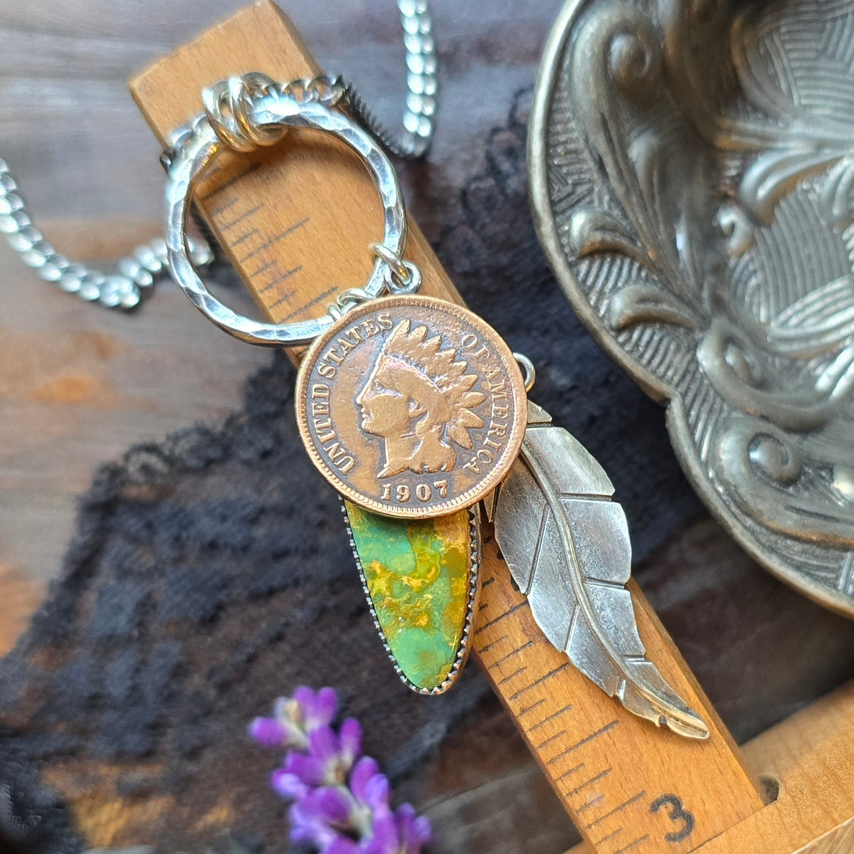 TURQUOISE INDIAN FEATHER Charm Necklace | Hancrafted Sterling Silver Stone Mountain Geniune Crescent Moon Turquoise Authentic Copper 1907